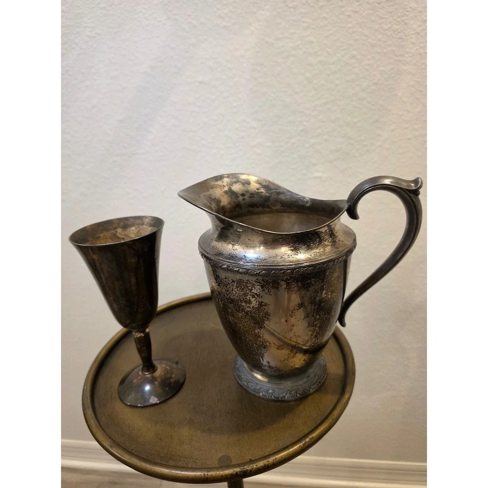 Vintage Silver colored Water Pitcher and Goblet Set Ornate Barware Decor